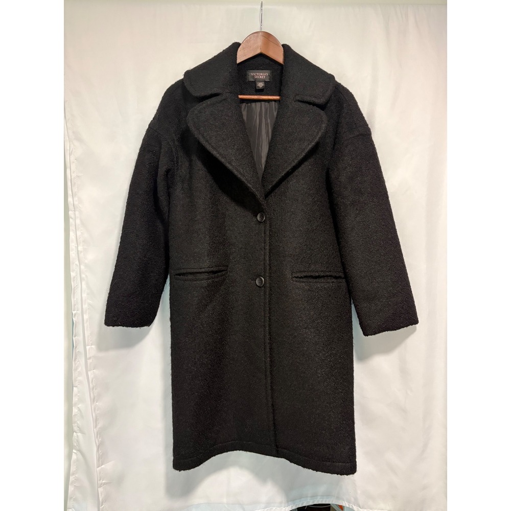 Victoria's Secret Black Wool Blend Long Coat Oversized Bouclé Small